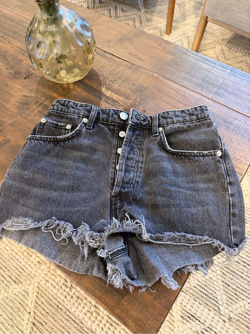 Zara Black Washed Frayed Hem Denim Shorts